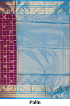 Purple checked peacock and unicorn motifs design semi soft silk saree with contrast border and blouse
