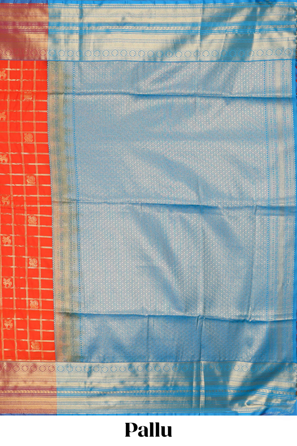 Orange checked peacock and unicorn motifs design semi soft silk saree with contrast border and blouse