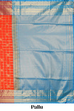 Orange checked peacock and unicorn motifs design semi soft silk saree with contrast border and blouse