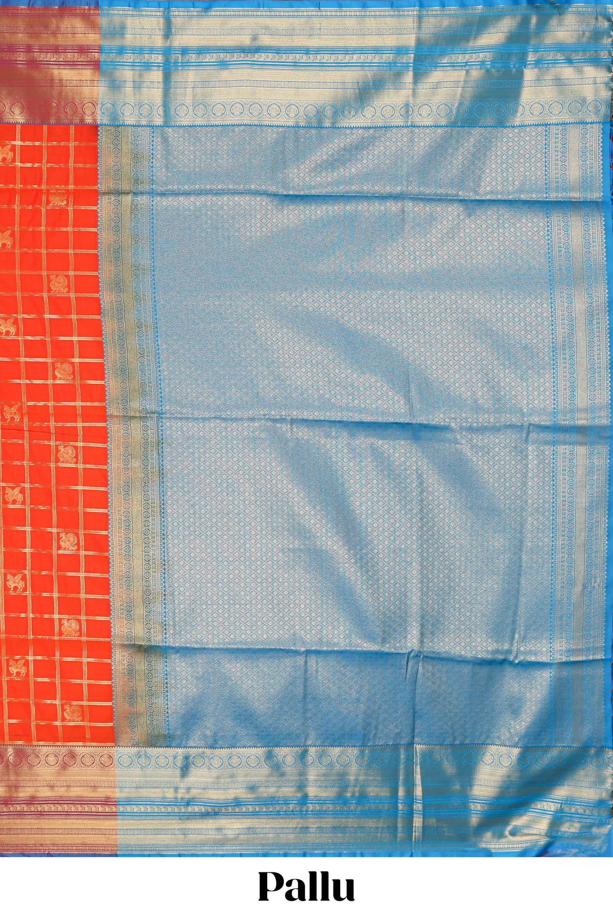 Orange checked peacock and unicorn motifs design semi soft silk saree with contrast border and blouse