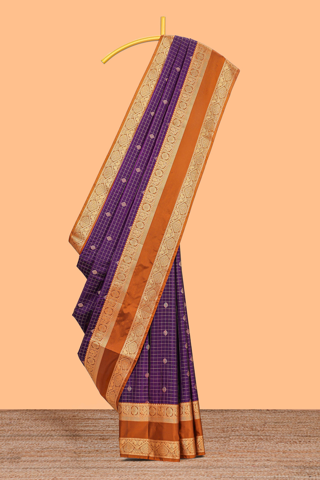 Violet checked zari motifs design semi soft silk saree with contrast border and blouse