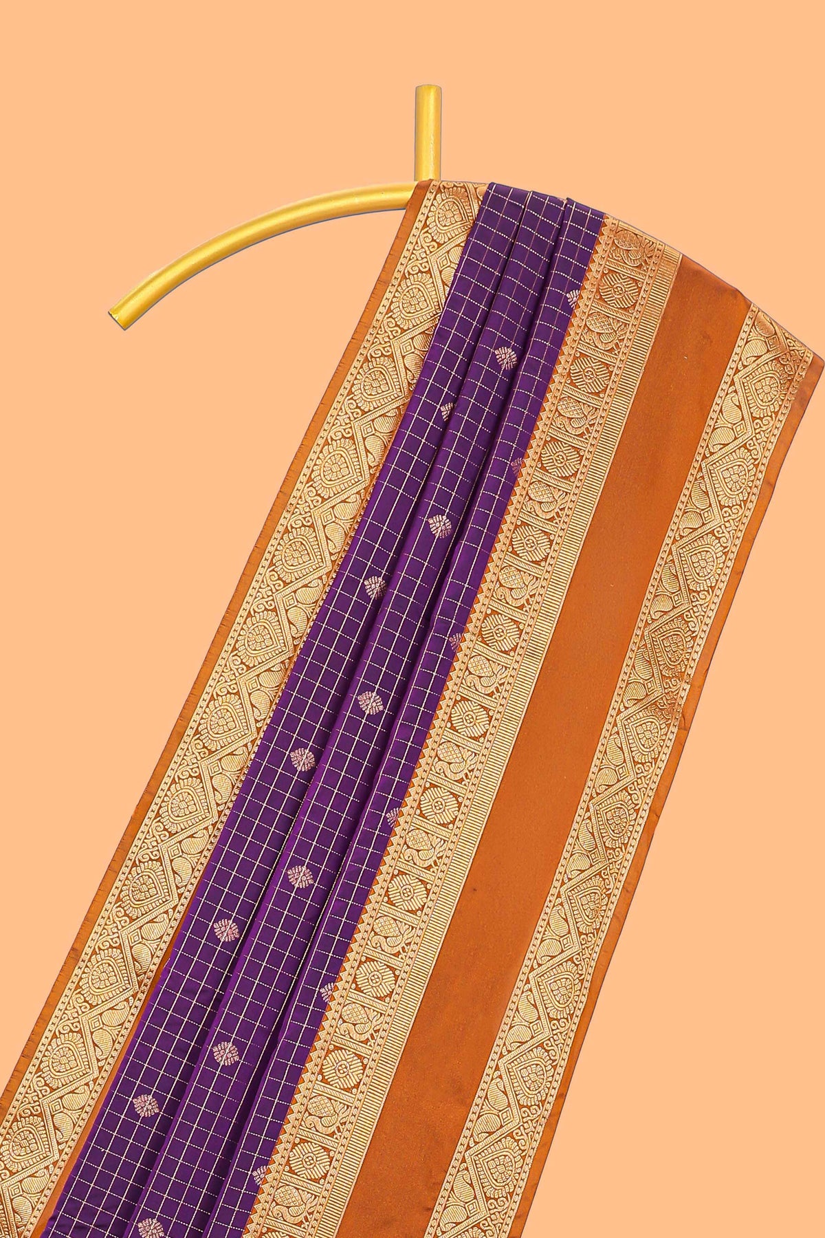 Violet checked zari motifs design semi soft silk saree with contrast border and blouse
