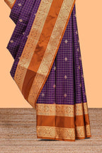 Violet checked zari motifs design semi soft silk saree with contrast border and blouse
