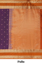 Violet checked zari motifs design semi soft silk saree with contrast border and blouse