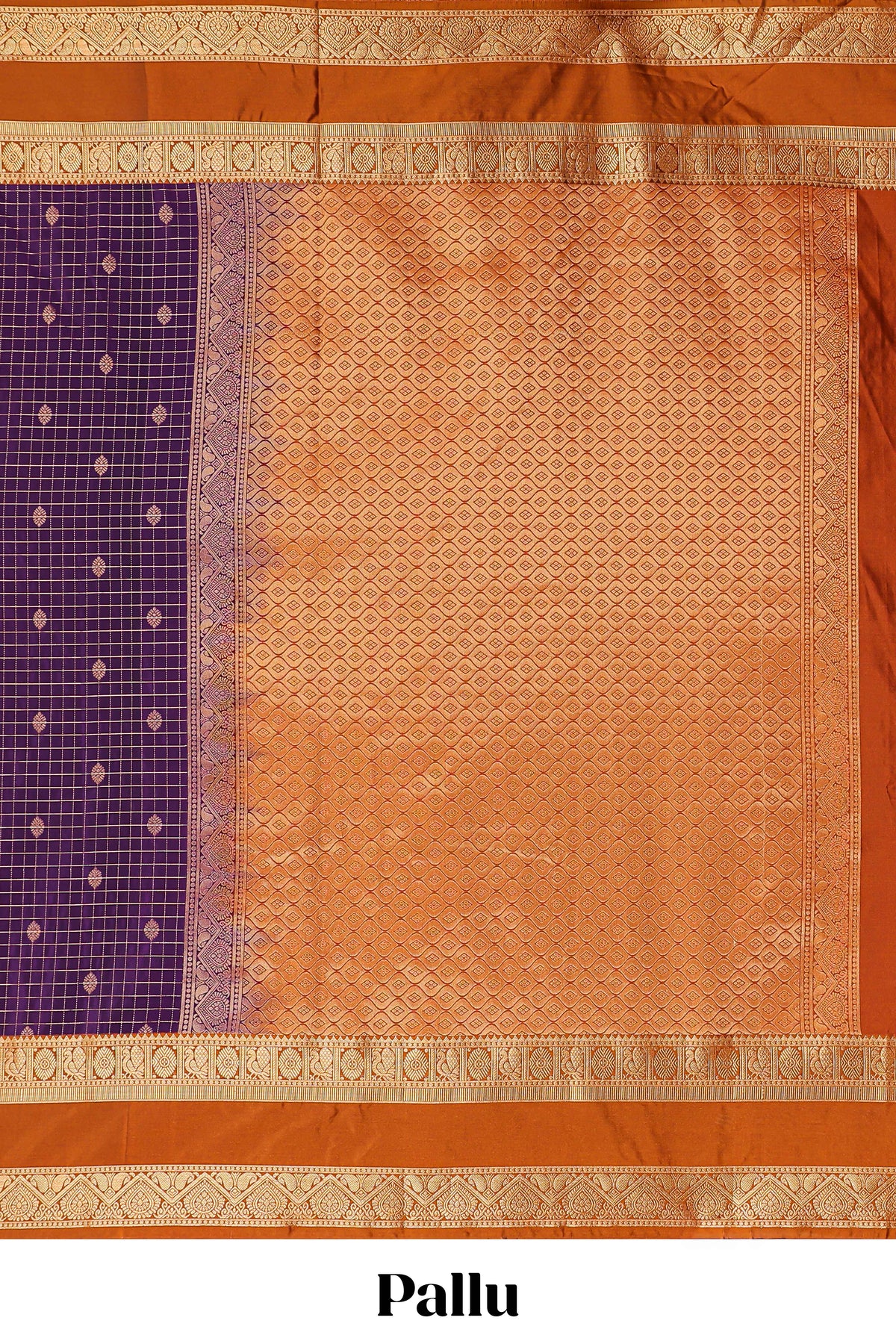 Violet checked zari motifs design semi soft silk saree with contrast border and blouse