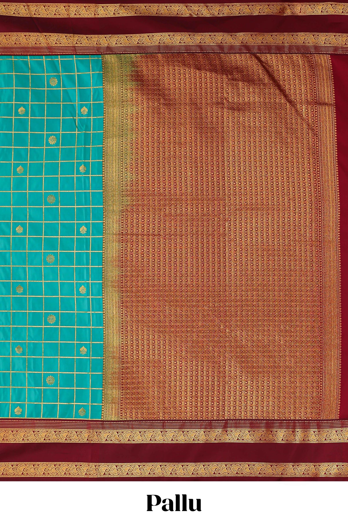 Viridian green checked floral zari motifs design semi soft silk saree with contrast border and blouse