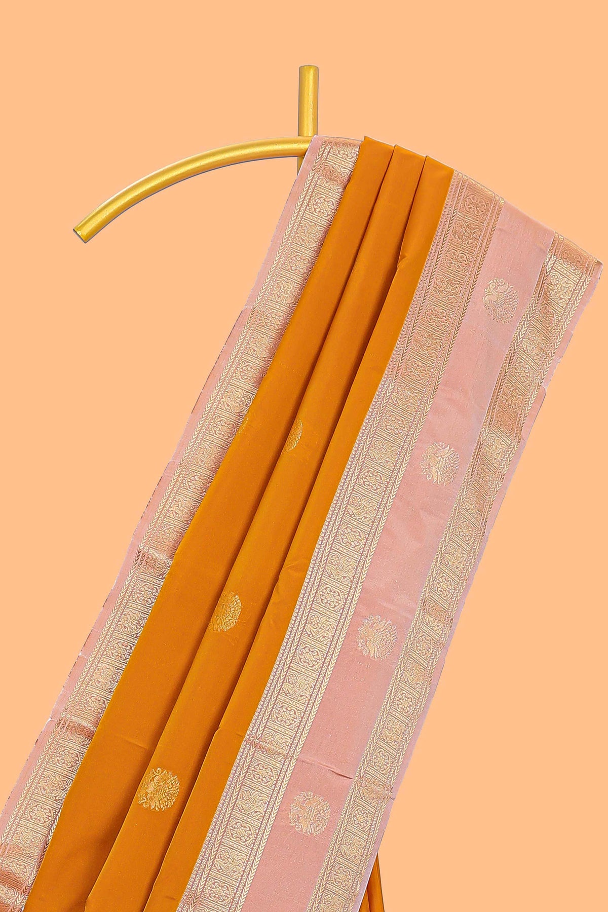 Mustard zari motifs design semi soft silk saree with contrast border and blouse