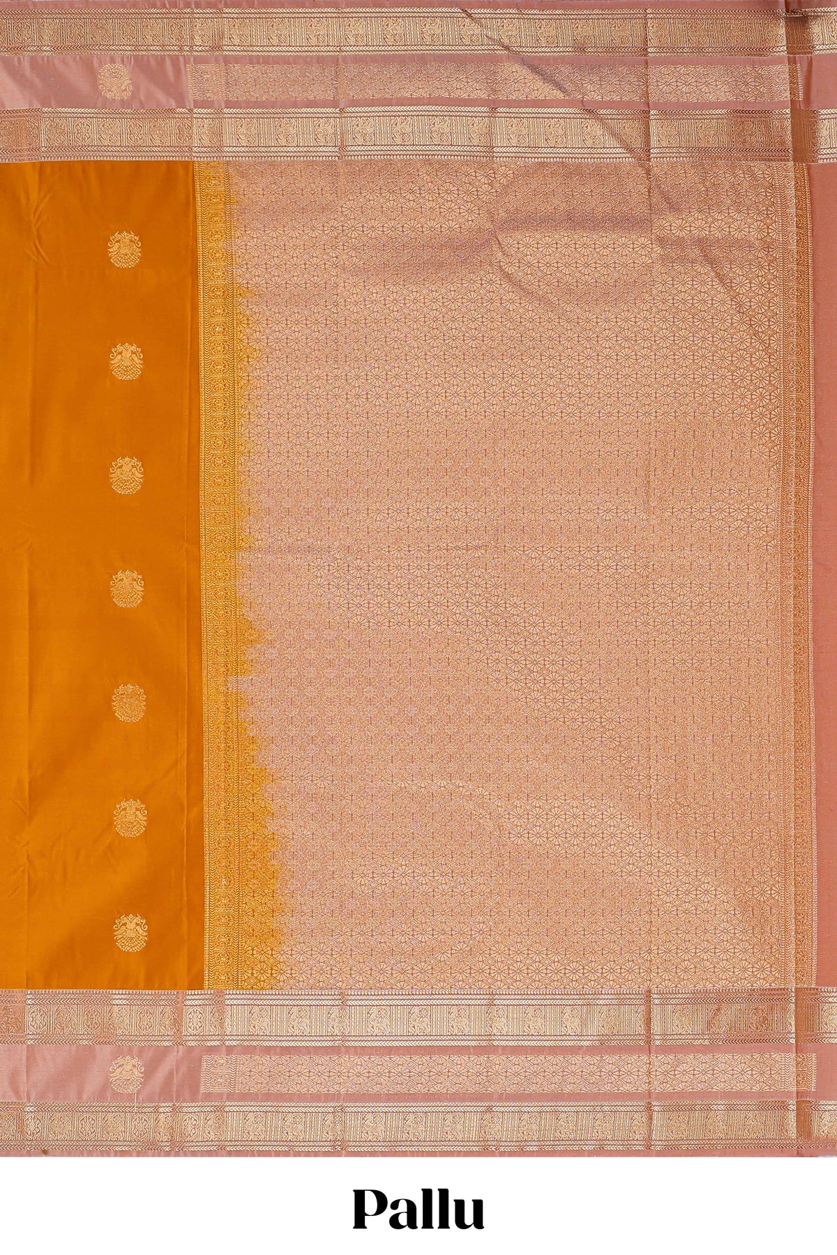 Mustard zari motifs design semi soft silk saree with contrast border and blouse