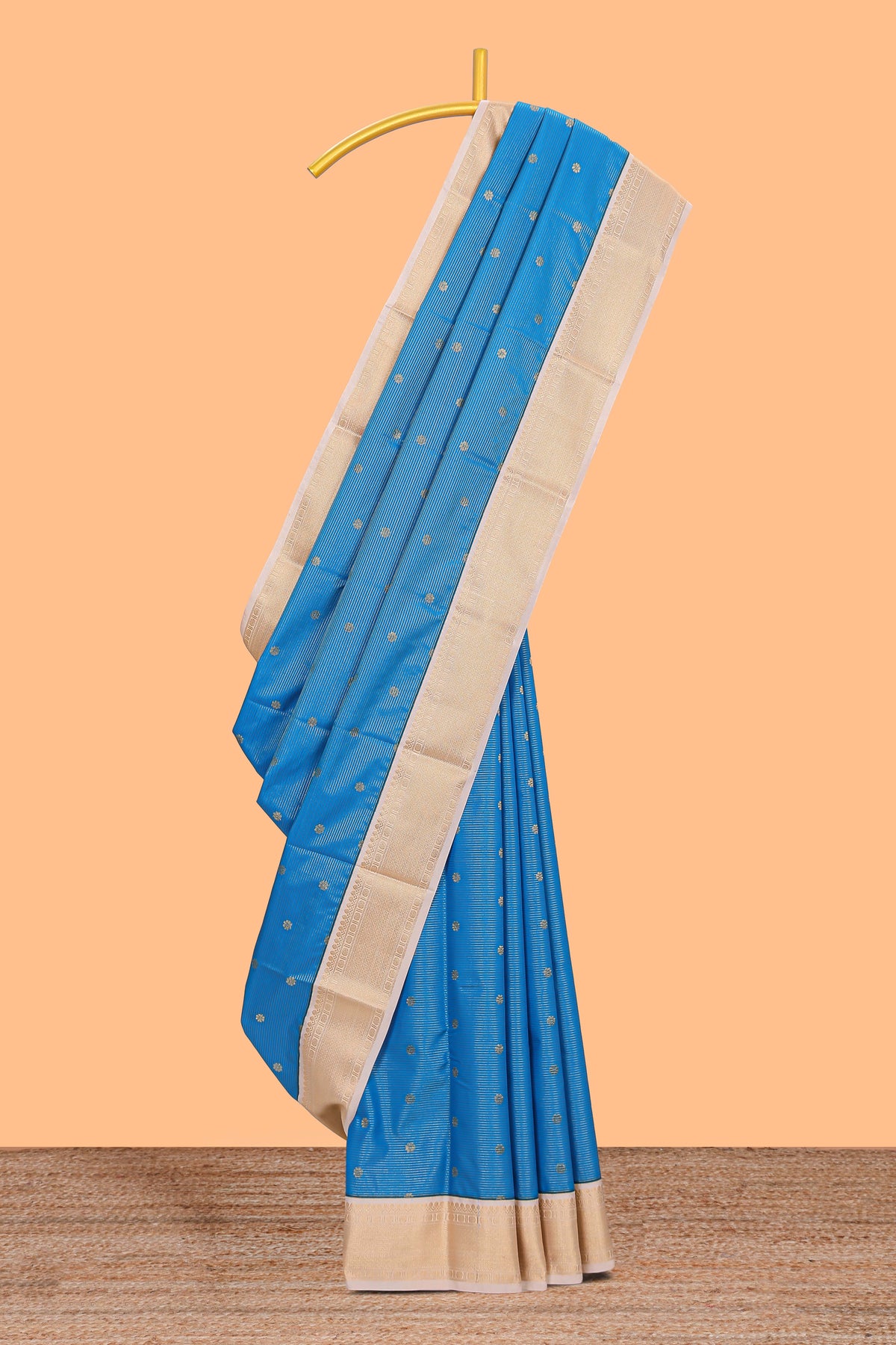 Blue striped floral zari motifs design semi soft silk saree with contrast border and blouse