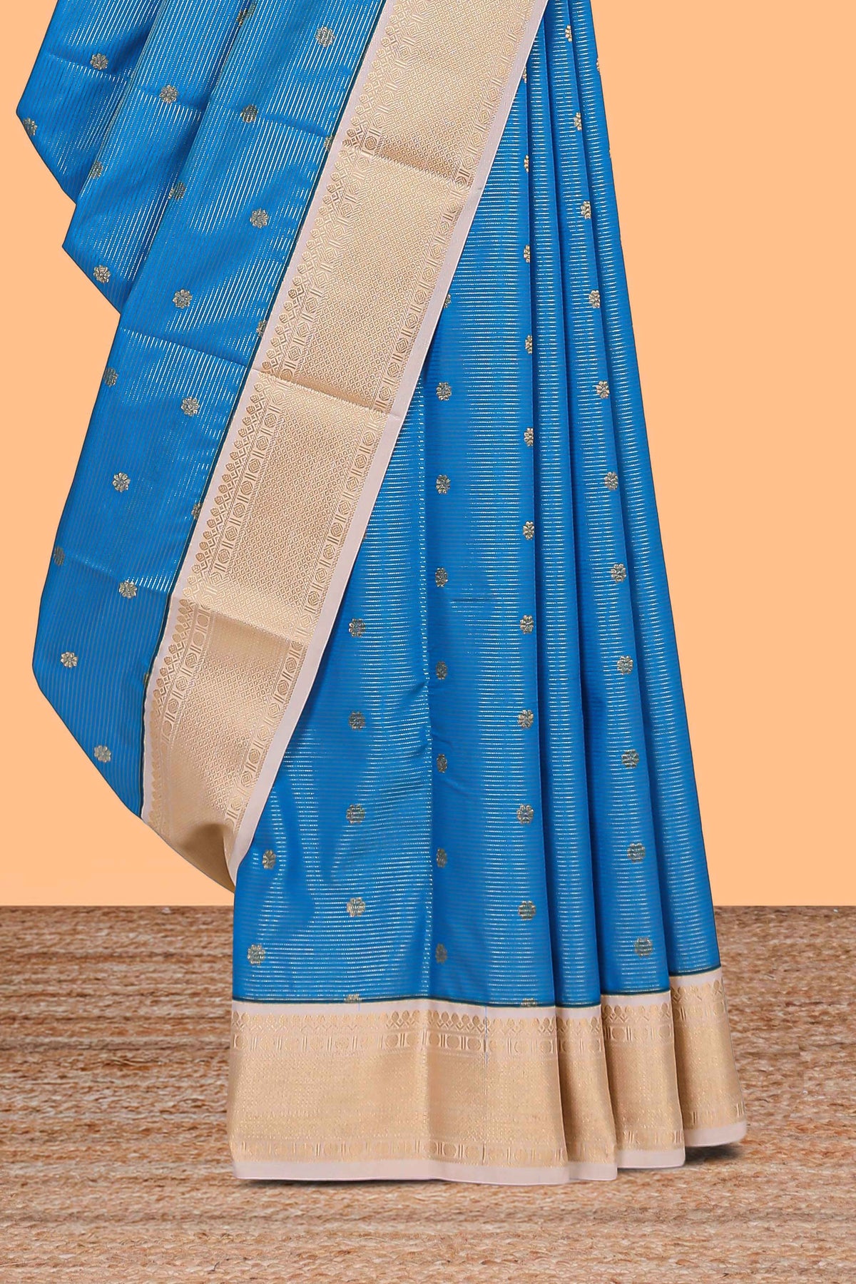 Blue striped floral zari motifs design semi soft silk saree with contrast border and blouse
