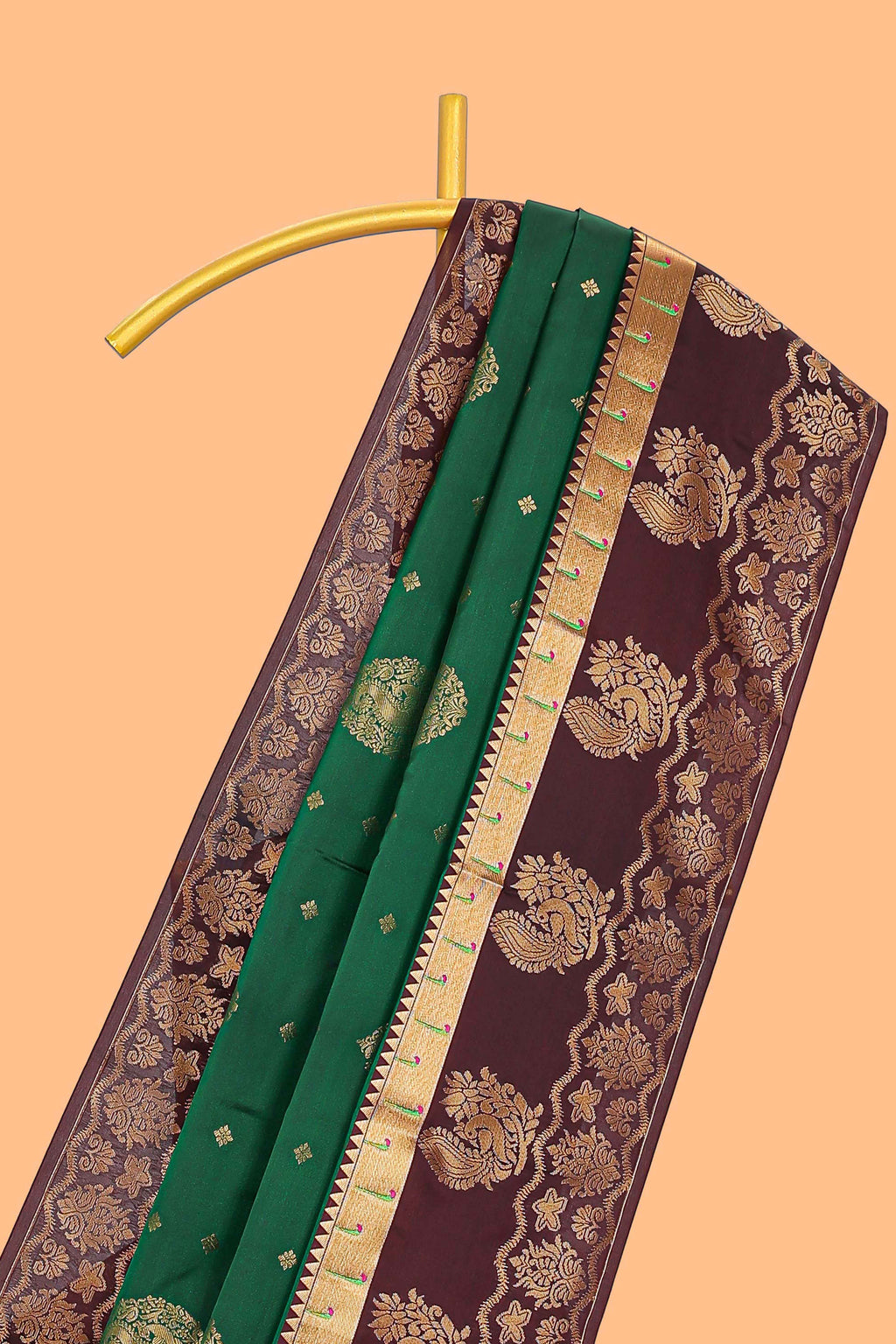 Green zari motifs design semi soft silk saree with contrast border and blouse