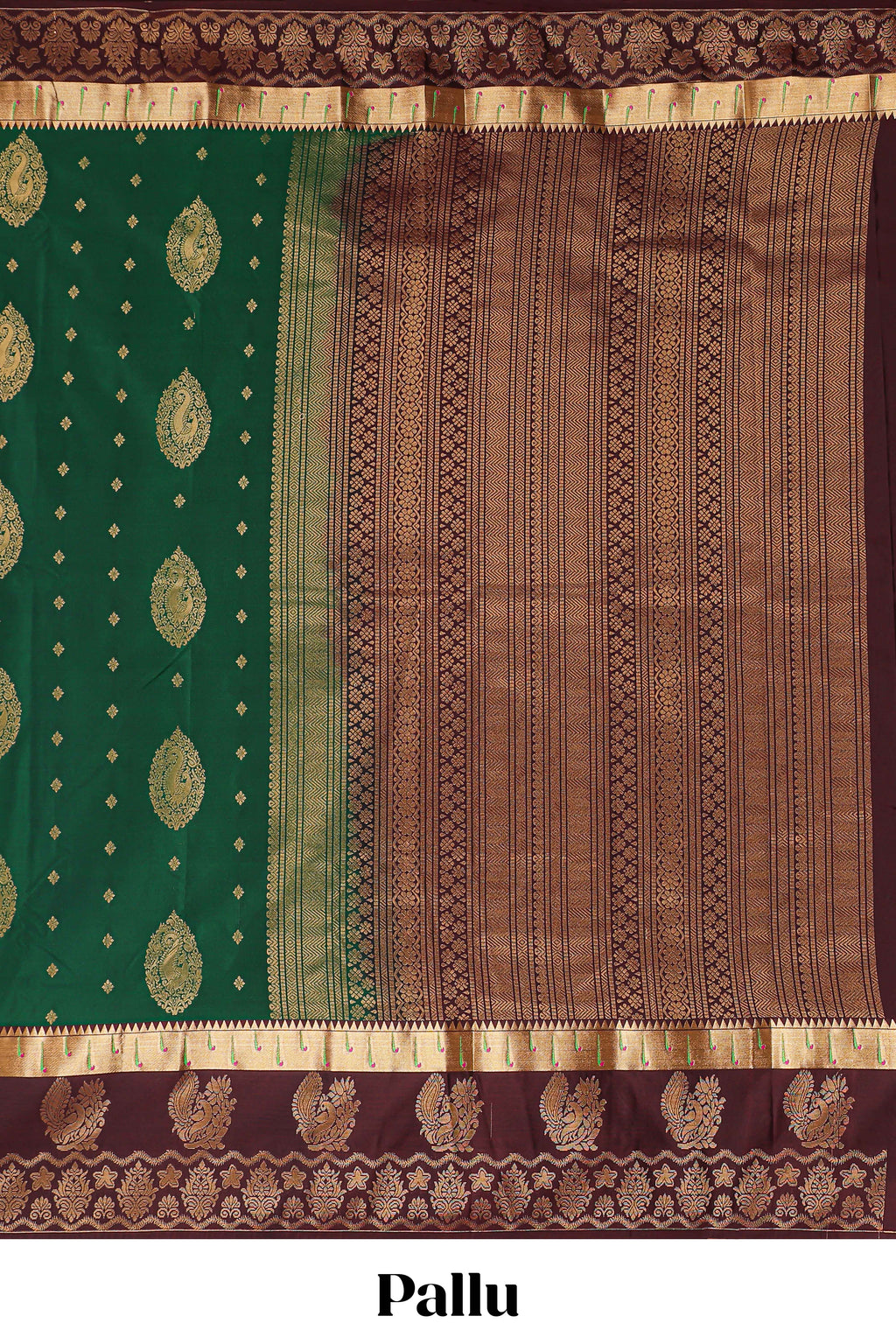 Green zari motifs design semi soft silk saree with contrast border and blouse