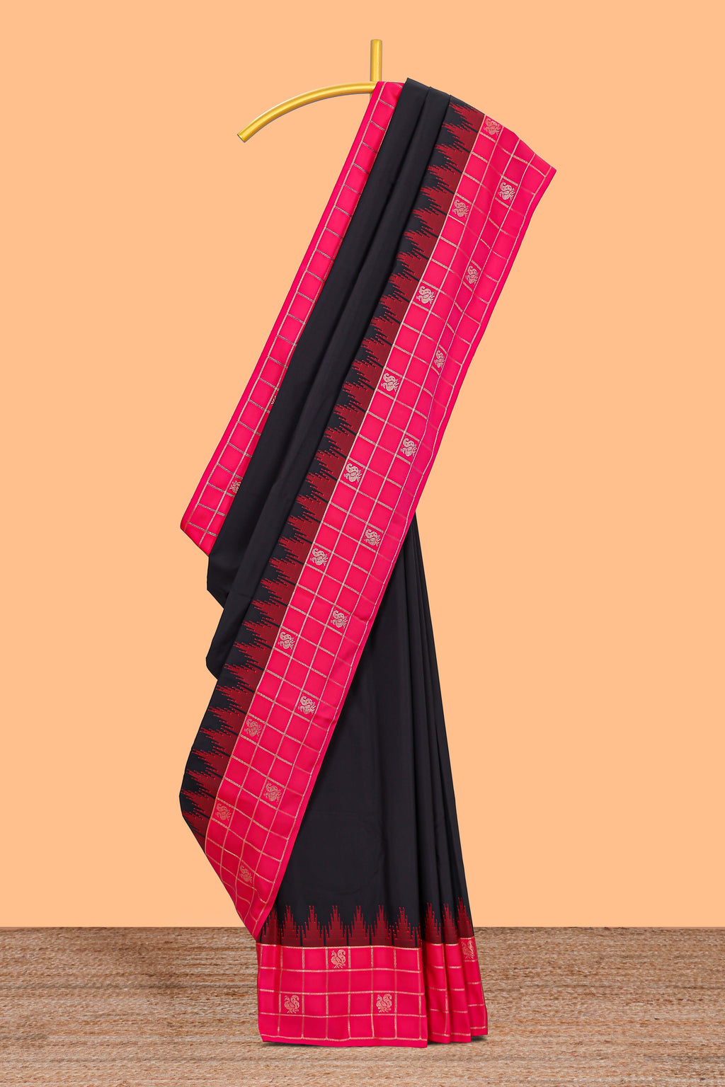 Black plain design semi soft silk saree with contrast checked border and blouse