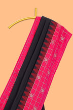 Black plain design semi soft silk saree with contrast checked border and blouse