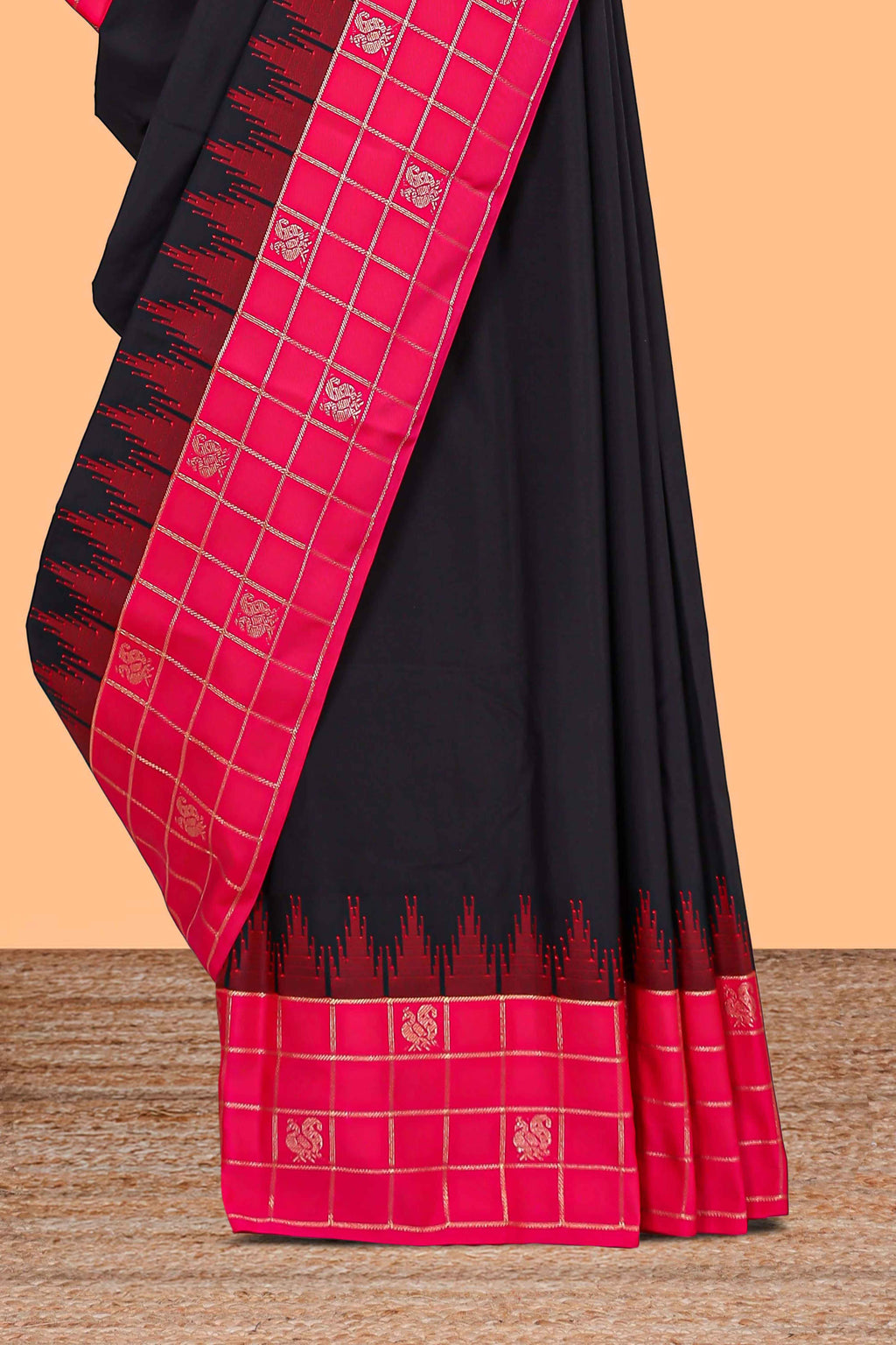 Black plain design semi soft silk saree with contrast checked border and blouse