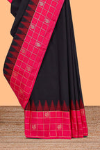 Black plain design semi soft silk saree with contrast checked border and blouse