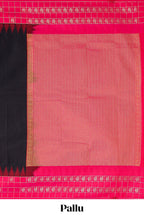 Black plain design semi soft silk saree with contrast checked border and blouse