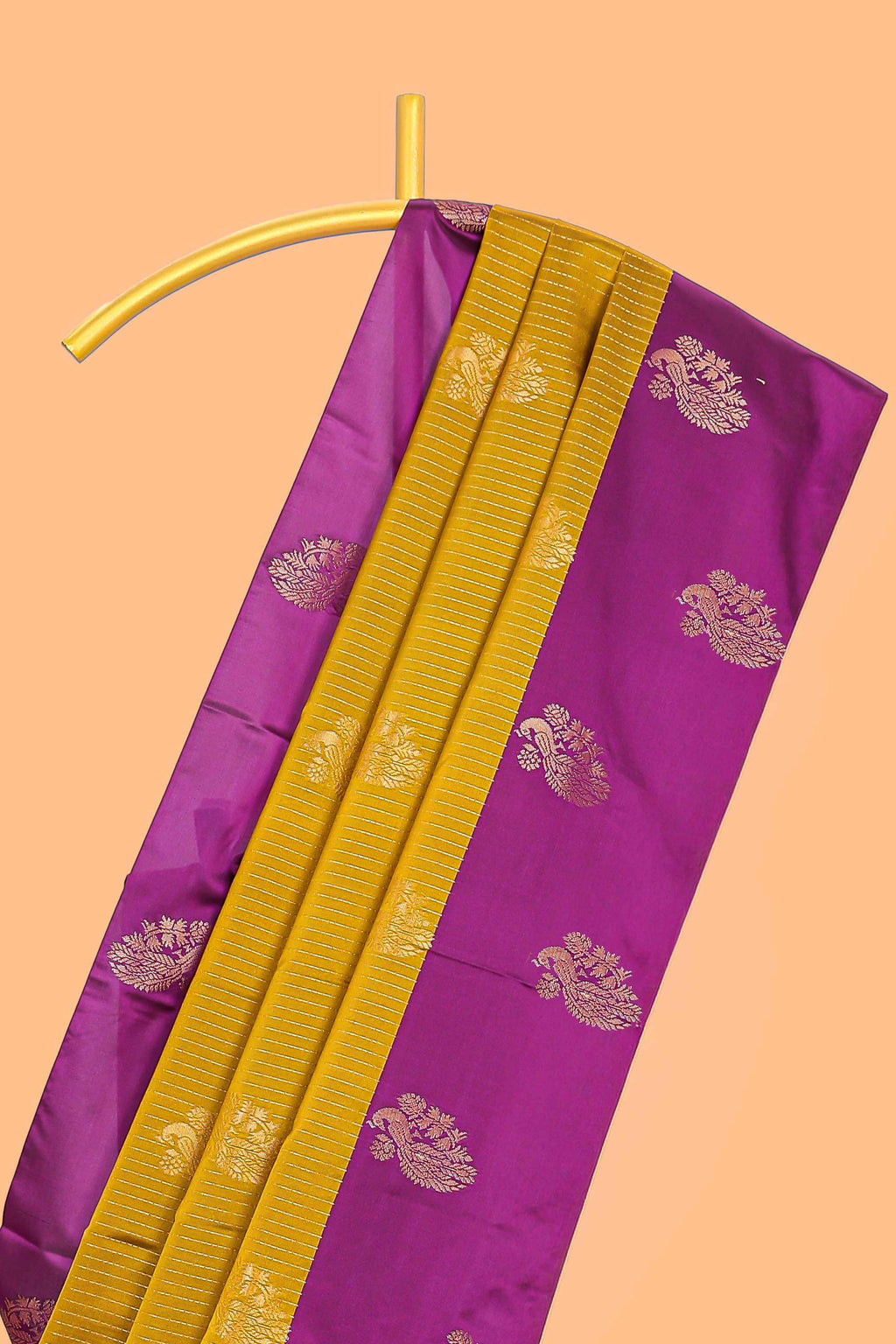 Mustard striped and peacock design semi soft silk saree with contrast border and blouse