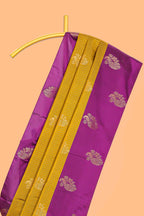 Mustard striped and peacock design semi soft silk saree with contrast border and blouse