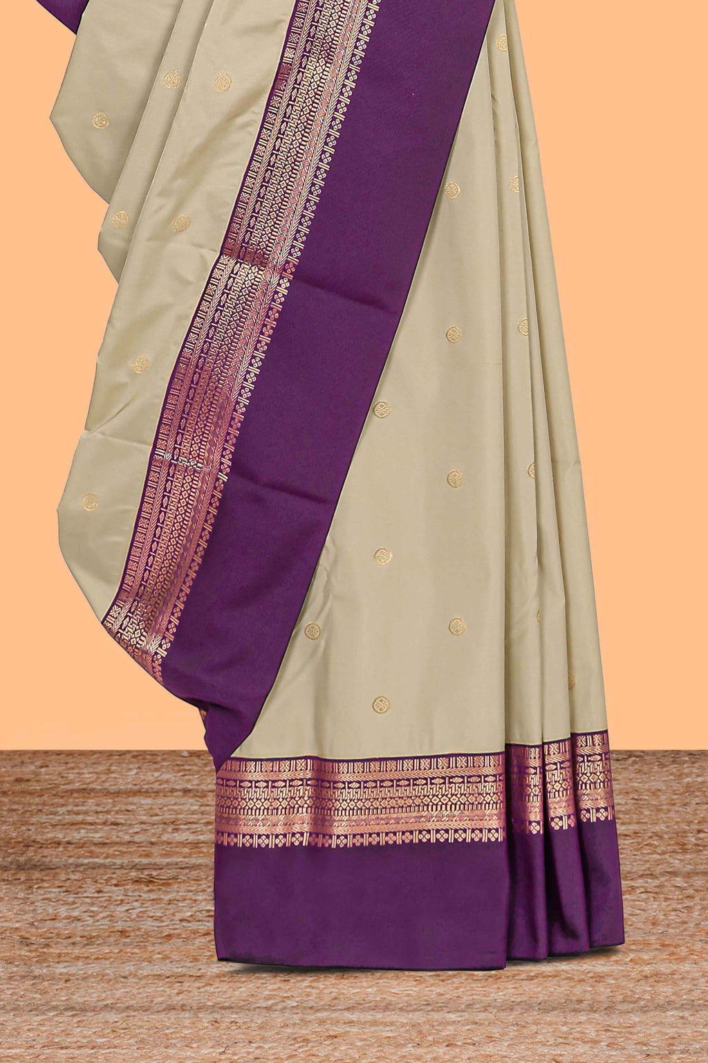 Lime cream zari motifs design semi soft silk saree with contrast zari border and blouse