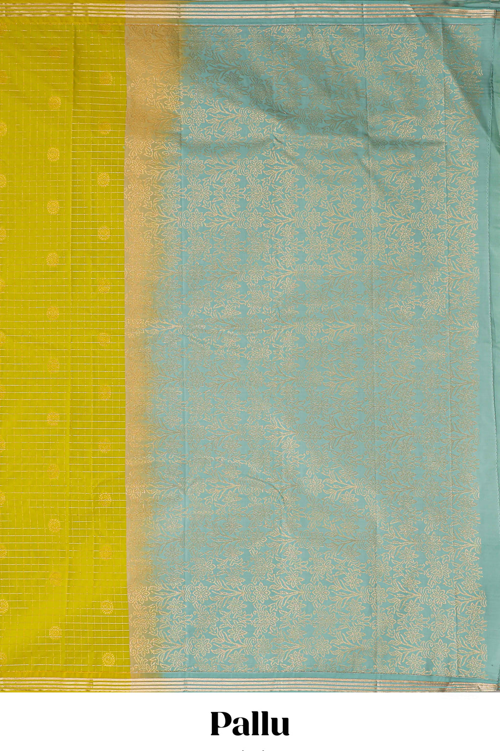 Green checked zari motifs design semi soft silk saree with self zari border and contrast blouse