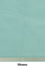 Green checked zari motifs design semi soft silk saree with self zari border and contrast blouse