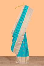 Blue zari motifs design semi soft silk saree with contrast zari border and blouse