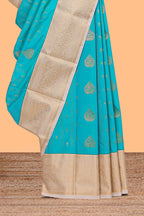 Blue zari motifs design semi soft silk saree with contrast zari border and blouse