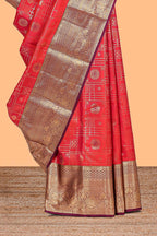 Red geometric zari design semi soft silk saree with contrast zari border and blouse