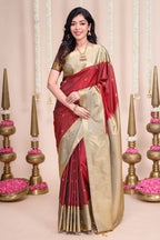 Rust shade striped butta designed semi soft silk saree with contrast zari border and contrast blouse