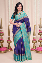 Royal blue zari motifs designed semi soft silk saree with contrast zari border and blouse