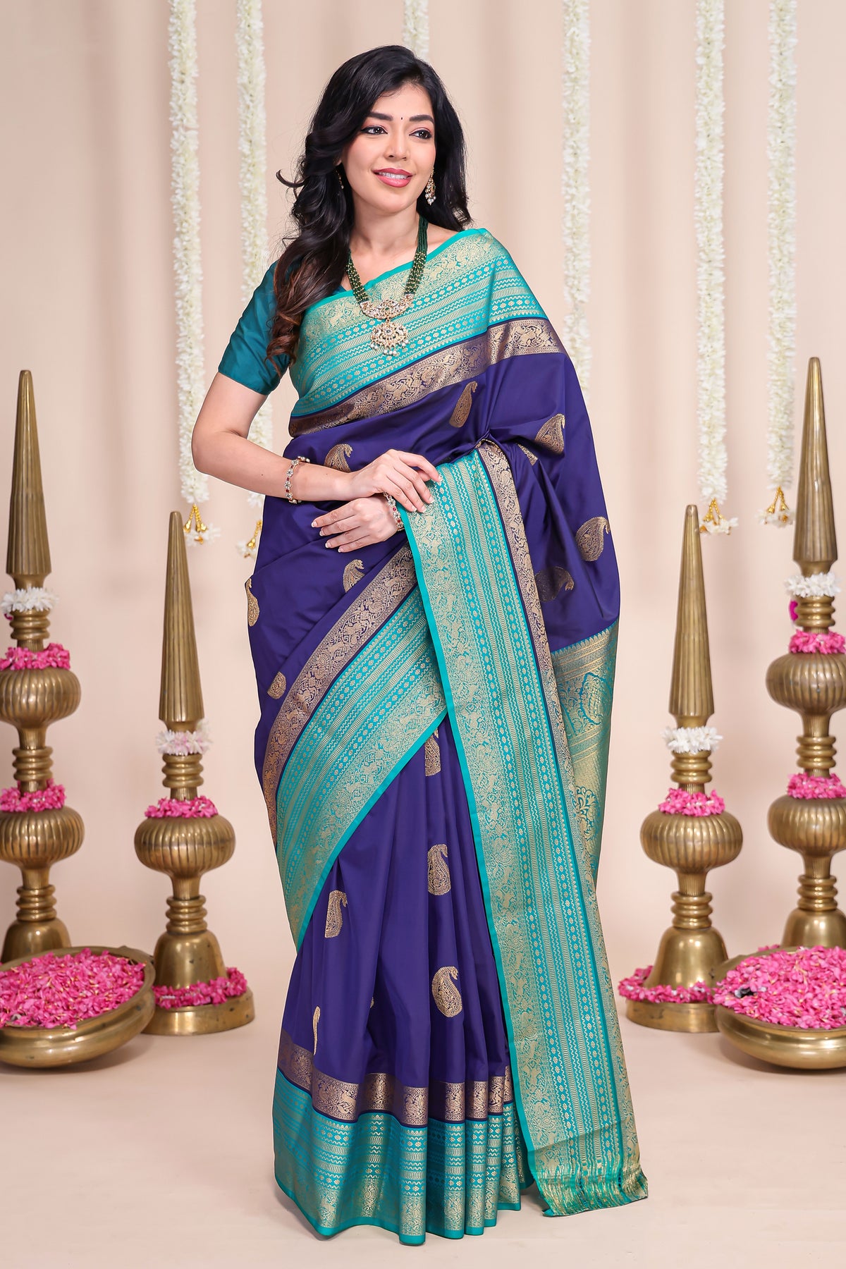 Royal blue zari motifs designed semi soft silk saree with contrast zari border and blouse
