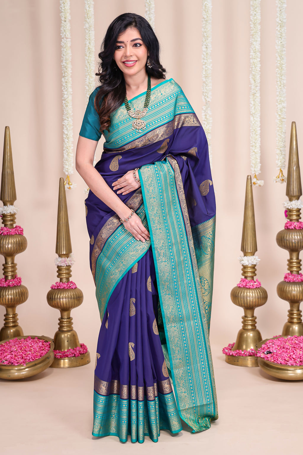 Royal blue zari motifs designed semi soft silk saree with contrast zari border and blouse