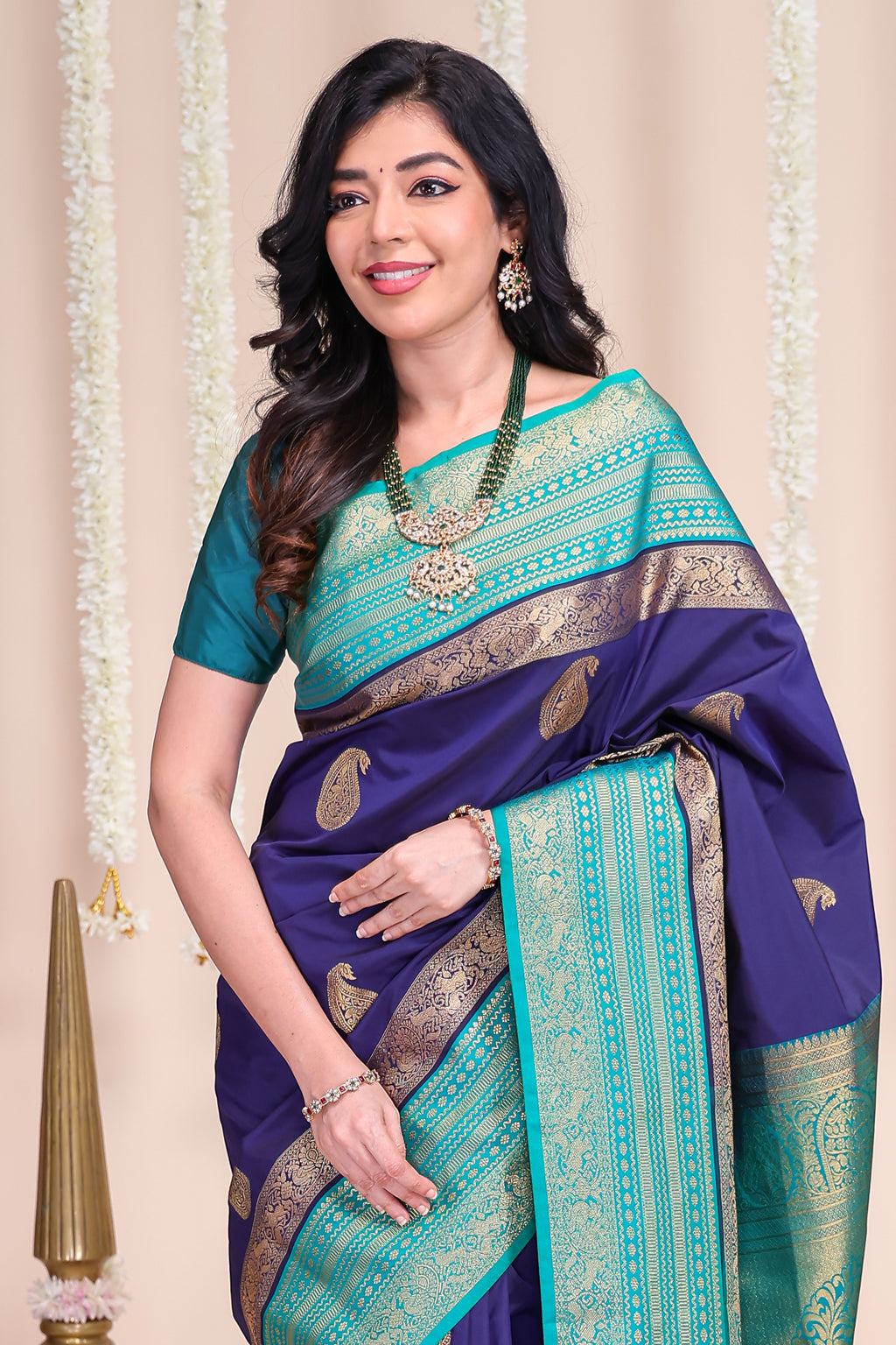 Royal blue zari motifs designed semi soft silk saree with contrast zari border and blouse