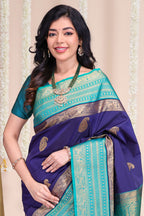 Royal blue zari motifs designed semi soft silk saree with contrast zari border and blouse