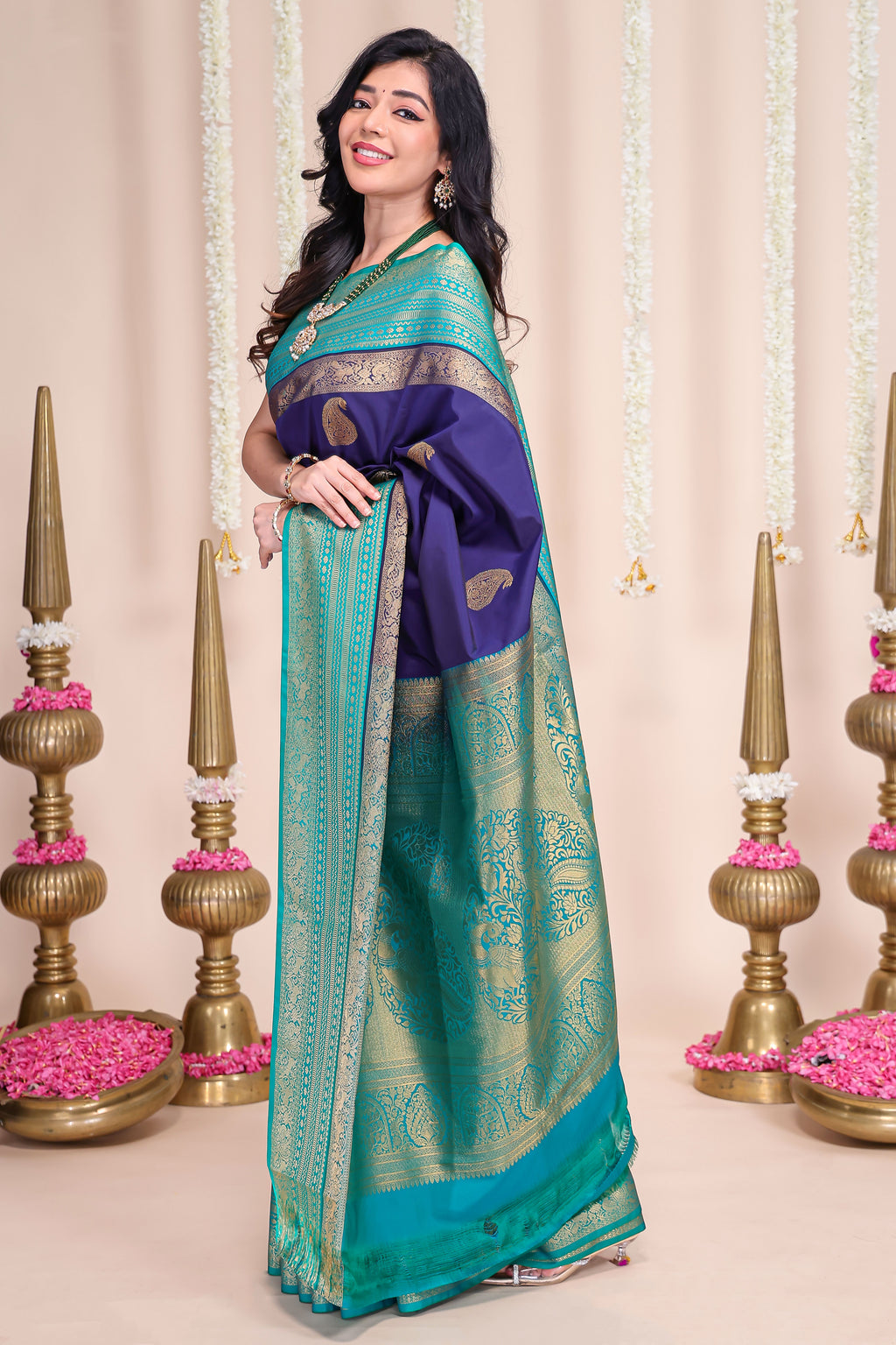 Royal blue zari motifs designed semi soft silk saree with contrast zari border and blouse