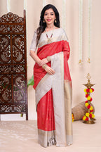 Red checked peacock zari motifs designed semi soft silk saree with contrast zari border and contrast blouse