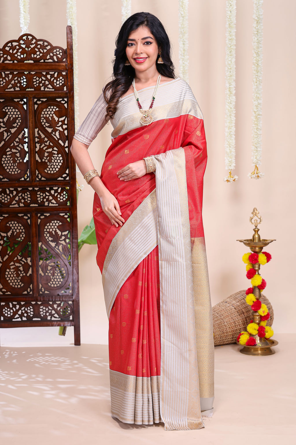 Red checked peacock zari motifs designed semi soft silk saree with contrast zari border and contrast blouse