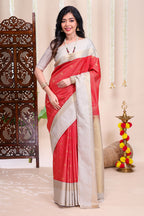 Red checked peacock zari motifs designed semi soft silk saree with contrast zari border and contrast blouse