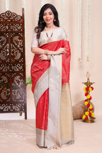 Red checked peacock zari motifs designed semi soft silk saree with contrast zari border and contrast blouse