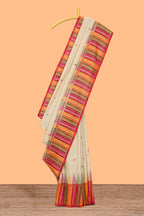 Cream floral motifs semi soft silk saree with contrast multicolor striped border and blouse