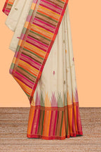 Cream floral motifs semi soft silk saree with contrast multicolor striped border and blouse