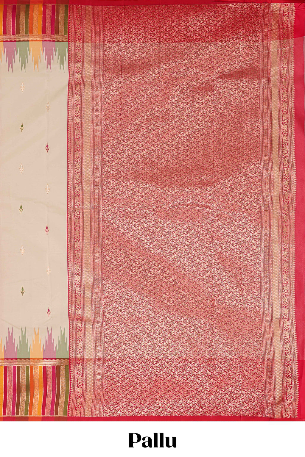 Cream floral motifs semi soft silk saree with contrast multicolor striped border and blouse