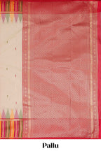Cream floral motifs semi soft silk saree with contrast multicolor striped border and blouse