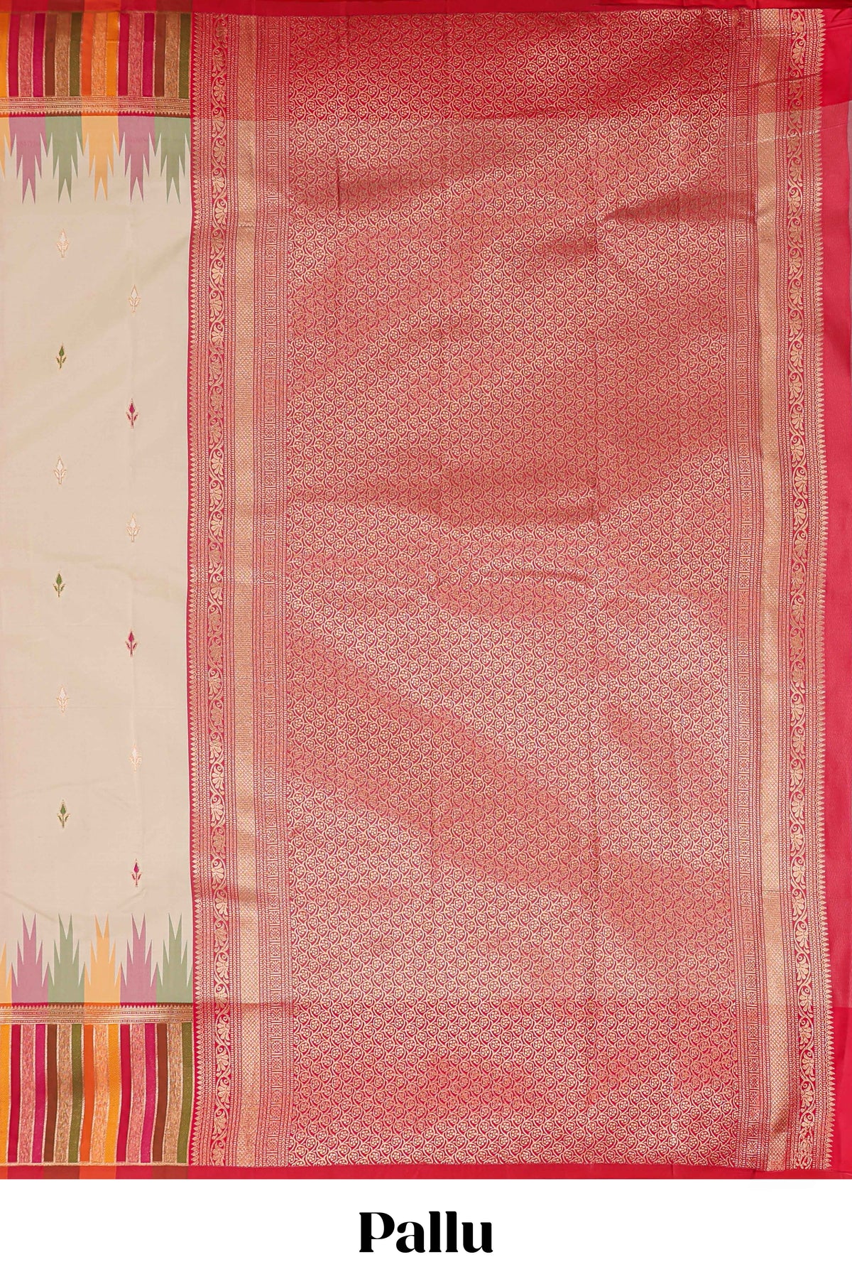 Cream floral motifs semi soft silk saree with contrast multicolor striped border and blouse