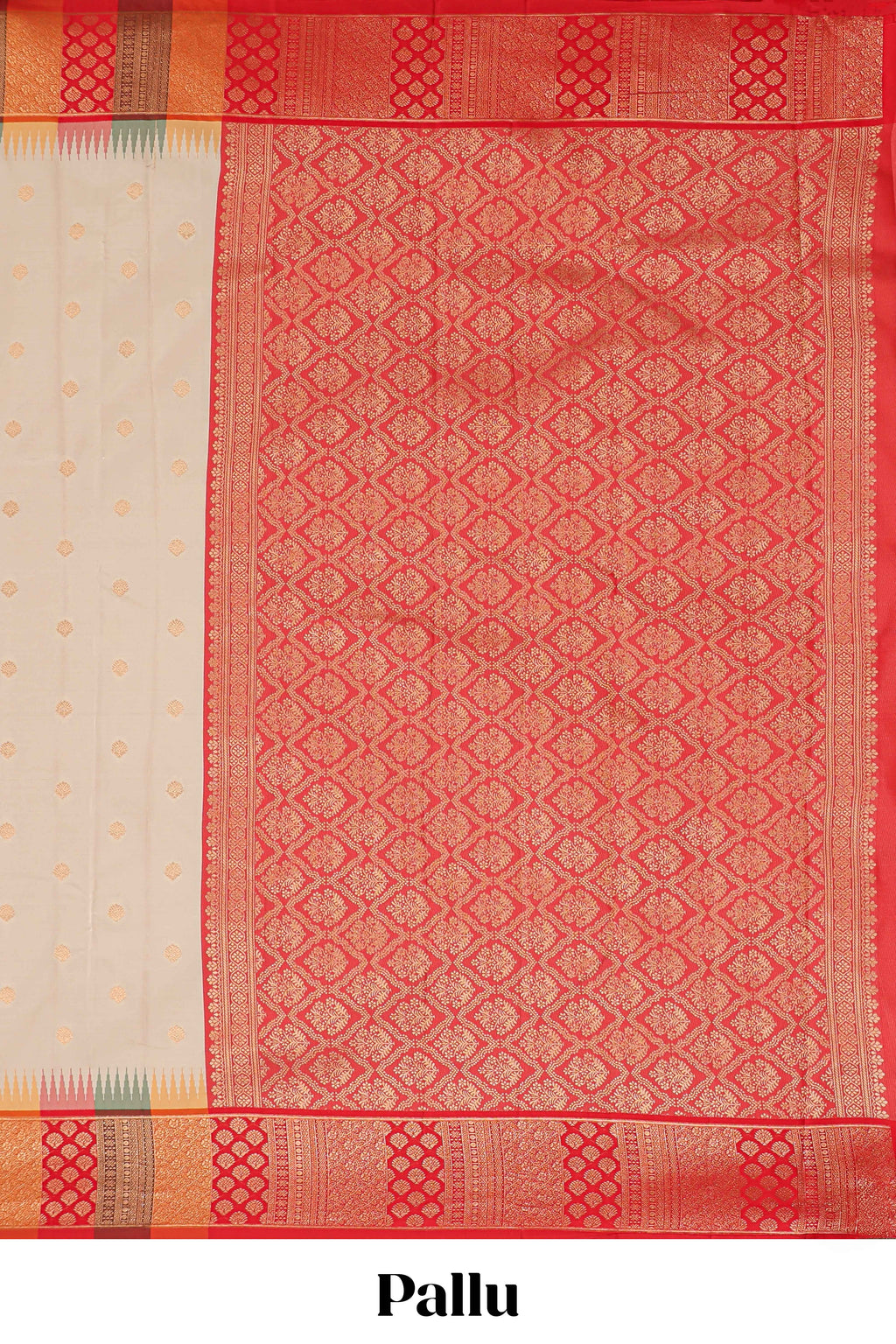 Cream zari butta designed semi soft silk saree with contrast red and gold geometric and floral pattern border and blouse