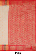 Cream zari butta designed semi soft silk saree with contrast red and gold geometric and floral pattern border and blouse
