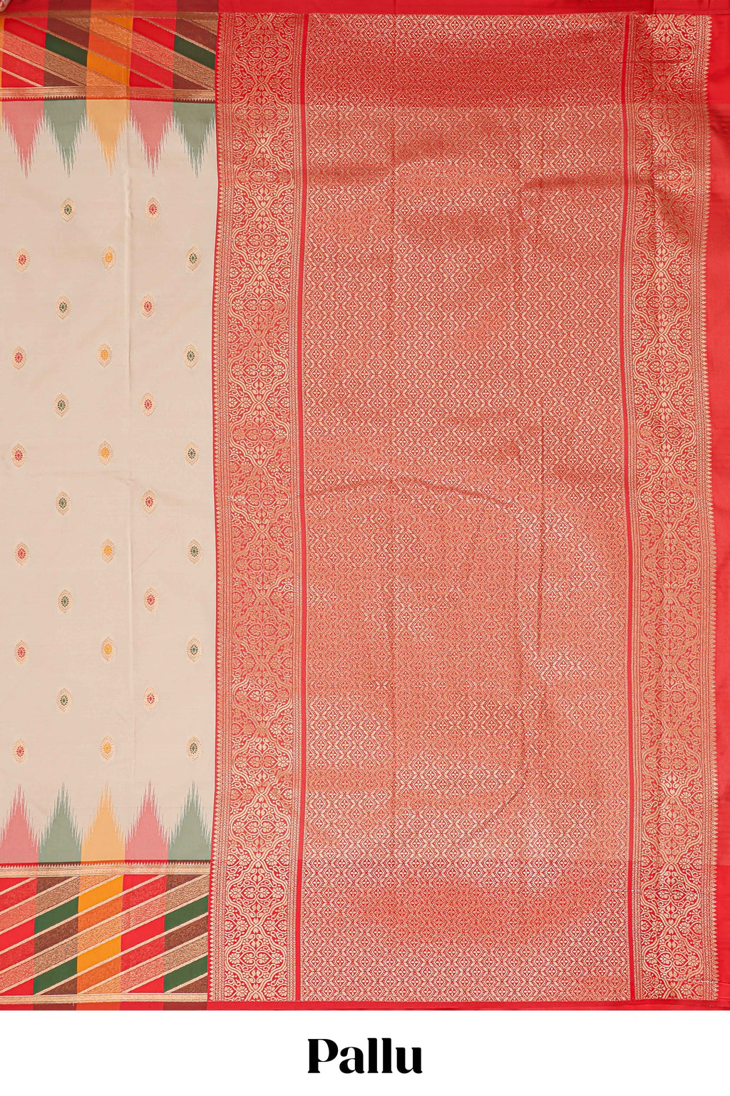 Cream butta designed semi soft silk saree with contrast multicolor geometric designed border and blouse