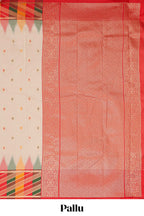 Cream butta designed semi soft silk saree with contrast multicolor geometric designed border and blouse