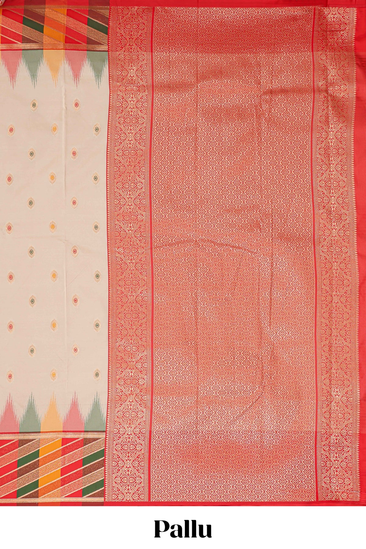 Cream butta designed semi soft silk saree with contrast multicolor geometric designed border and blouse